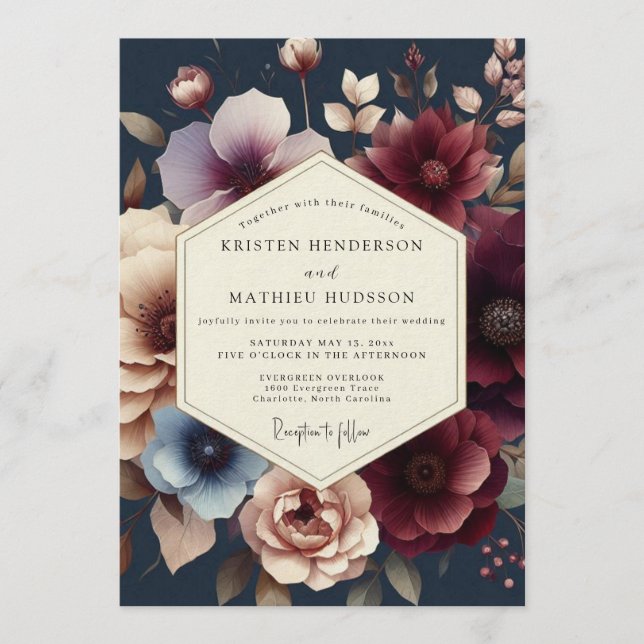 Navy Burgundy Moody Bloom Wedding Invitation (Front)