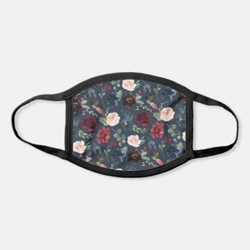 Navy  Burgundy  Navy Watercolor Floral Pattern Face Mask