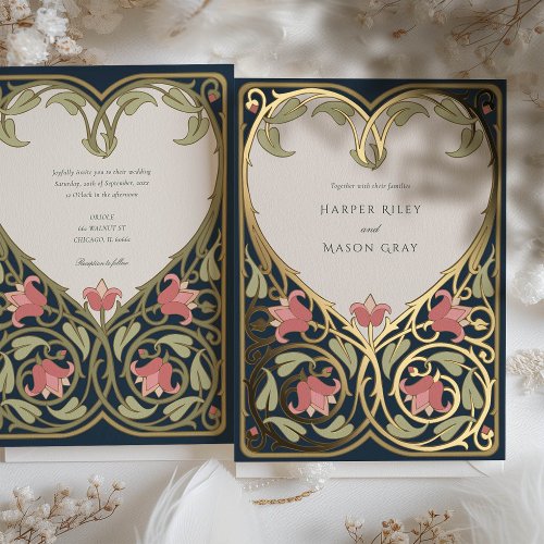 Navy Burgundy Nouveau Love Heart Wedding Foil Invitation