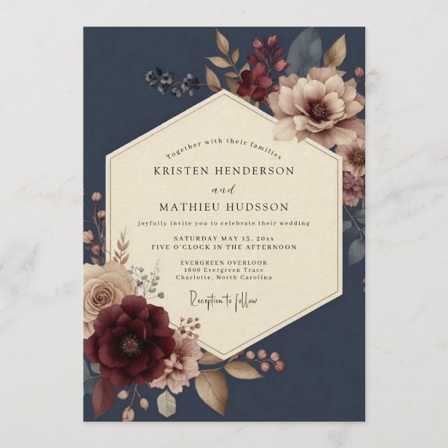 Navy Burgundy Opulent Bloom Wedding Invitation (Front)