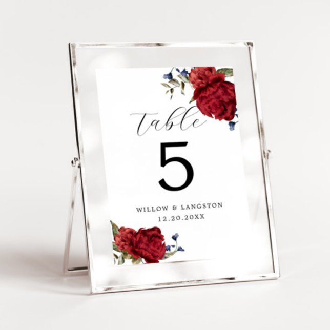 Navy Burgundy Peony Flower Wedding Table Number (Creator Uploaded)
