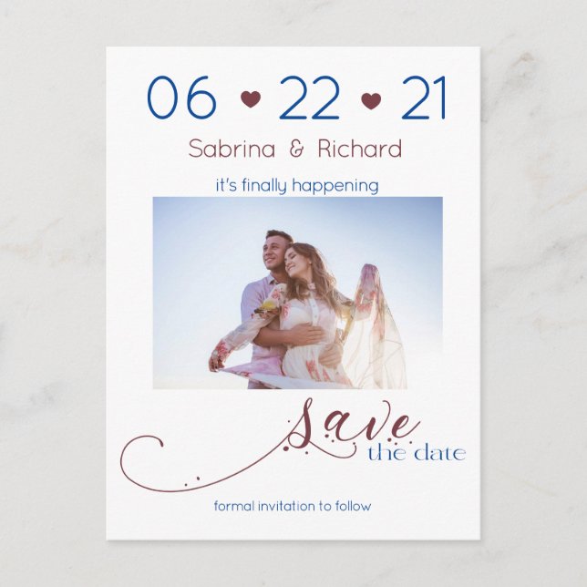 Navy Burgundy  Photo Minimalist  Save the Date Postcard (Front)