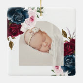Navy Burgundy Pink Floral Baby Birth Stats Photo Ceramic Ornament (Back)