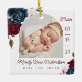 Navy Burgundy Pink Floral Baby Birth Stats Photo Ceramic Ornament (Front)