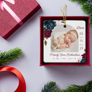 Navy Burgundy Pink Floral Baby Birth Stats Photo Ceramic Ornament