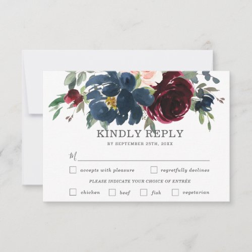 Navy Burgundy Pink Floral Wedding Meal Choice RSVP