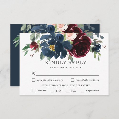 Navy Burgundy Pink Floral Wedding Meal Choice RSVP