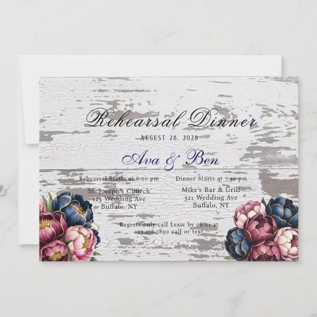 Navy Burgundy Pink Peony Rehearsal Dinner Invitation (Front)
