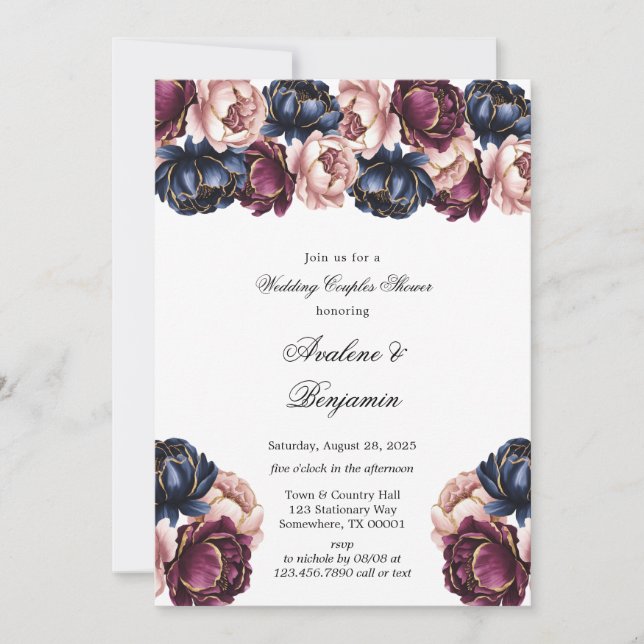 Navy Burgundy Pink Peony Wedding Couples Shower Invitation (Front)
