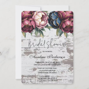 Navy Burgundy Pink Peony Wood Bridal Shower Invitation
