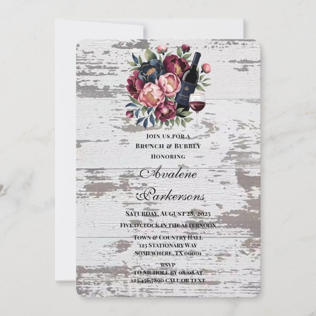 Navy Burgundy Pink Peony Wood Brunch & Bubbly Invitation (Front)
