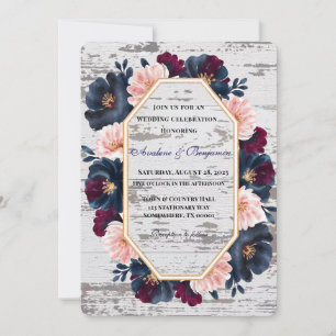Navy Burgundy Pink Peony Wood Wedding Celebration Invitation