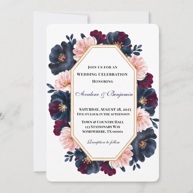 Navy Burgundy Pink Peony Wood Wedding Celebration Invitation (Front)