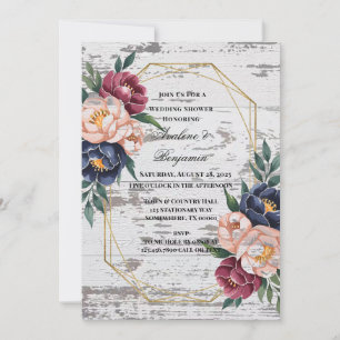 Navy Burgundy Pink Peony Wood Wedding Shower Invitation