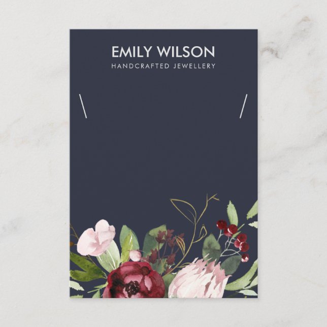NAVY BURGUNDY PROTEA FLORAL NECKLACE DISPLAY CARD (Front)