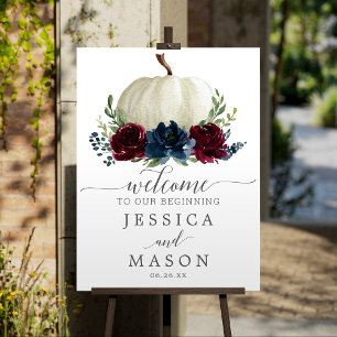 Navy Burgundy Pumpkin Wedding Welcome Favors Sign
