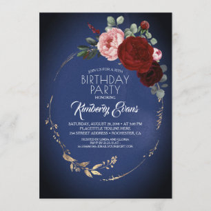 Navy Burgundy Red and Gold Floral Modern Birthday Invitation