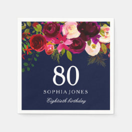 Navy & Burgundy Red Floral 80th Birthday Party Paper Napkins