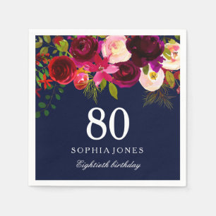 Navy & Burgundy Red Floral 80th Birthday Party Paper Napkins