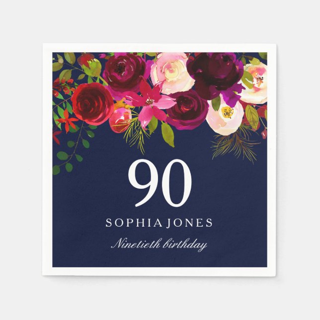 Navy & Burgundy Red Floral 90th Birthday Party Paper Napkins (Front)