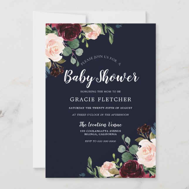 Navy & Burgundy Red Flowers Baby Shower Invitation (Front)