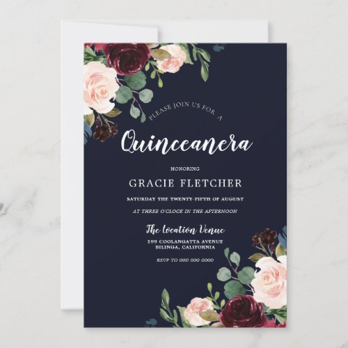 Navy  Burgundy Red Flowers Quinceanera Party Invitation