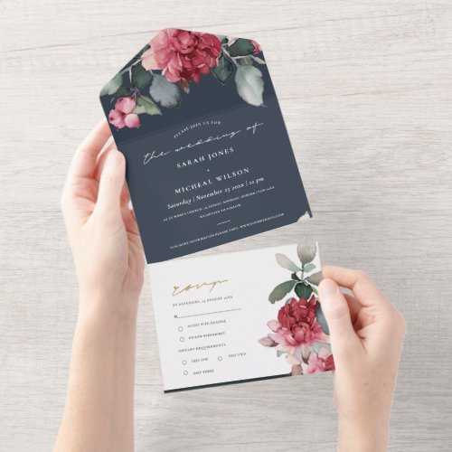 NAVY BURGUNDY RED MARSALA WATERCOLOR FLORAL PEONY ALL IN ONE INVITATION