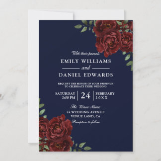 Navy & Burgundy Red Romantic Rose Wedding Invitation