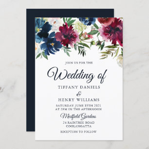 Navy & Burgundy Red Wine Floral Watercolor Wedding Invitation