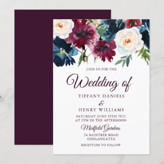 Navy & Burgundy Red Wine Flowers Elegant Wedding Invitation