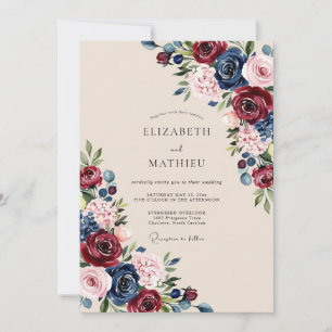 Navy Burgundy Rich Romantic Wedding Invitation