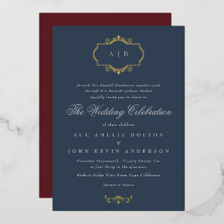 navy burgundy romantic classic monogram wedding foil invitation