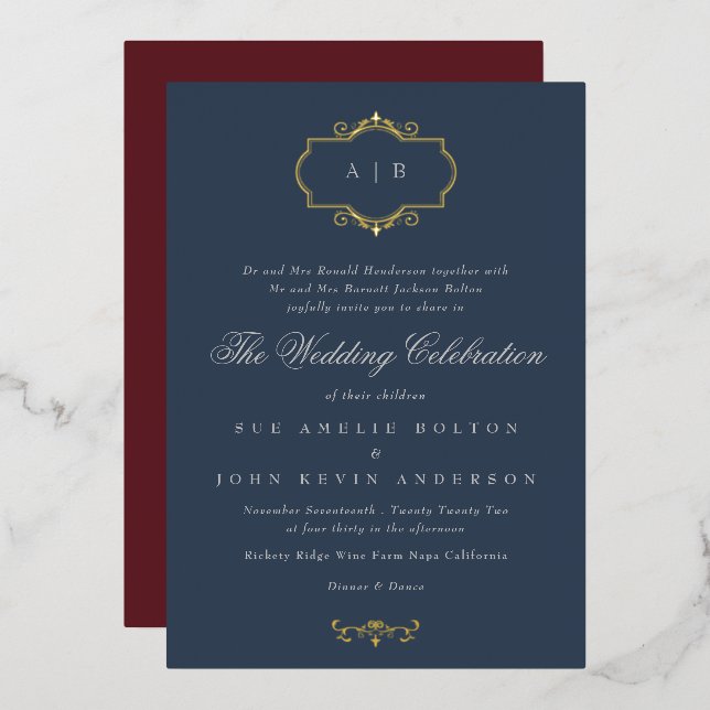 navy burgundy romantic classic monogram wedding foil invitation (Front/Back)