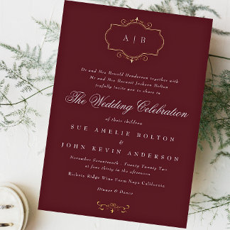 navy burgundy romantic classic monogram wedding foil invitation