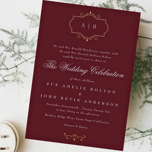 navy burgundy romantic classic monogram wedding foil invitation
