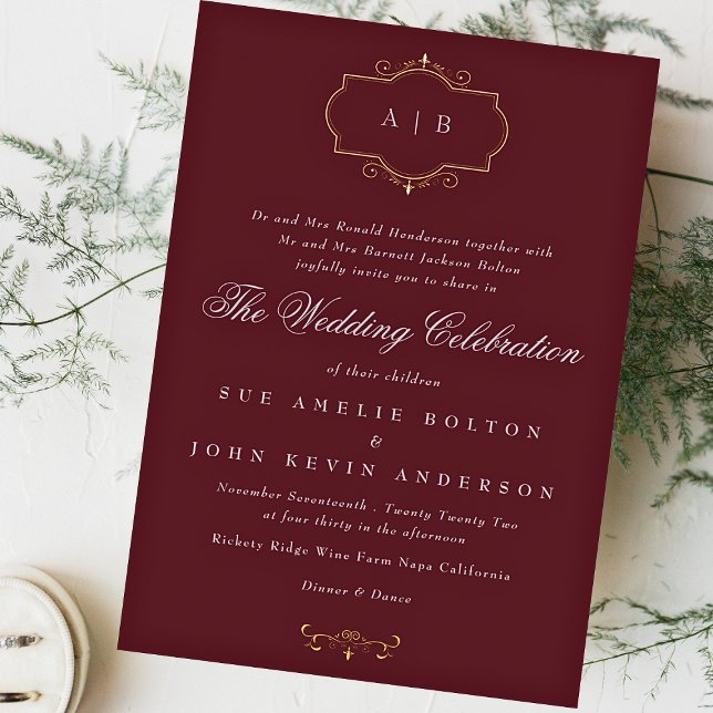 navy burgundy romantic classic monogram wedding foil invitation (Creator Uploaded)