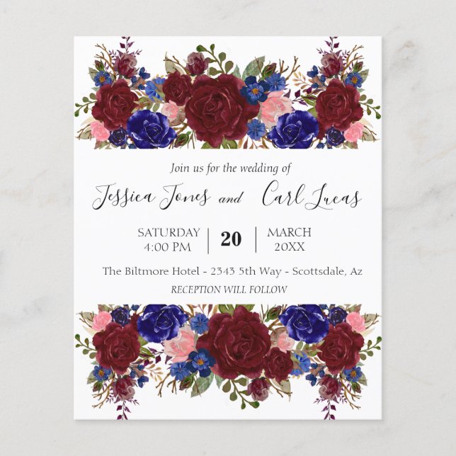 Navy Burgundy Romantic Wedding Floral Square Invit (Front)
