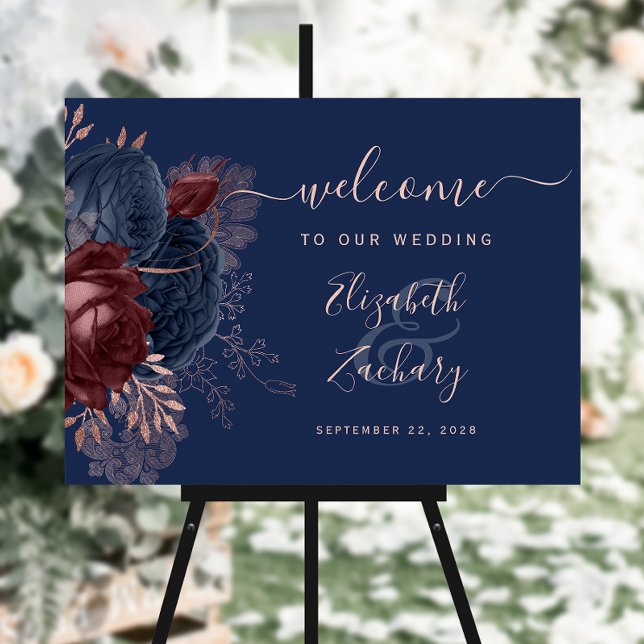Navy Burgundy Rose Gold Floral Wedding Welcome Foam Board (Creator Uploaded)