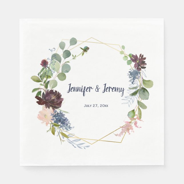 Navy Burgundy Rose Gold Geometric Wreath Wedding Napkins (Front)