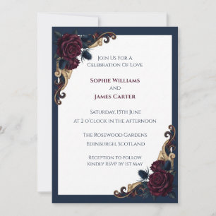 Navy Burgundy Rose Thistle Wedding Invitation