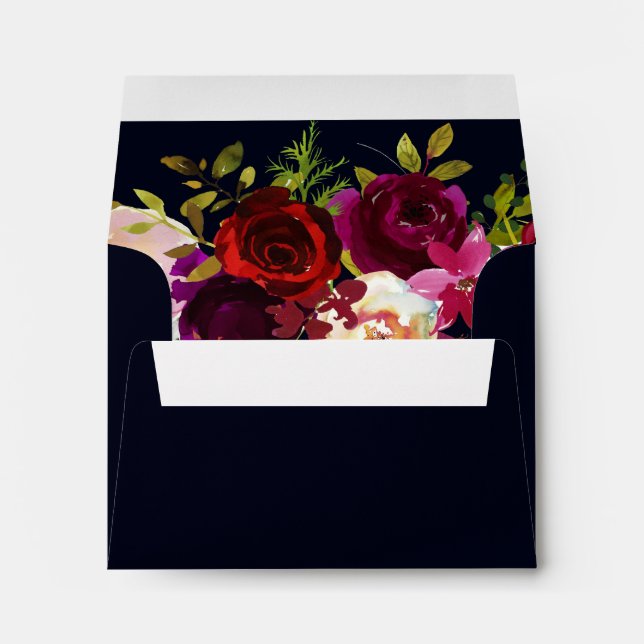 Navy Burgundy Rustic Boho Floral with Address RSVP Envelope (Back (Bottom))