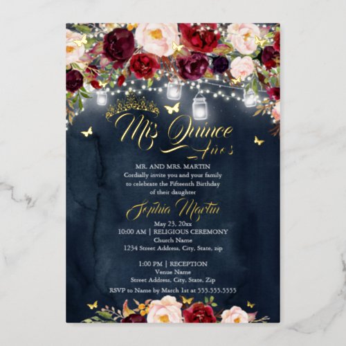 Navy Burgundy Rustic Floral Butterfly Quinceanera Foil Invitation