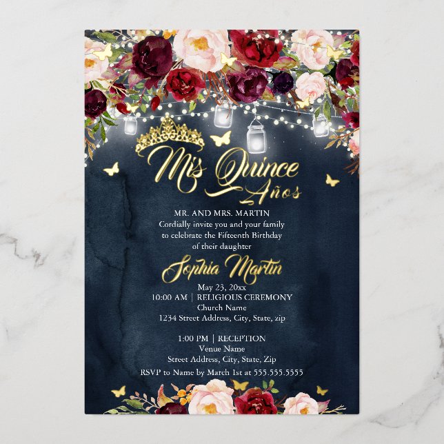 Navy Burgundy Rustic Floral Butterfly Quinceanera Foil Invitation (Front)