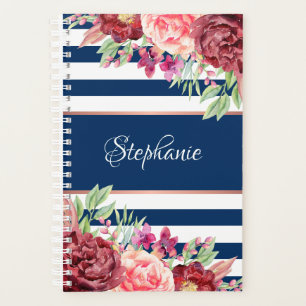 Navy Burgundy Stripes Floral Monogram Planner