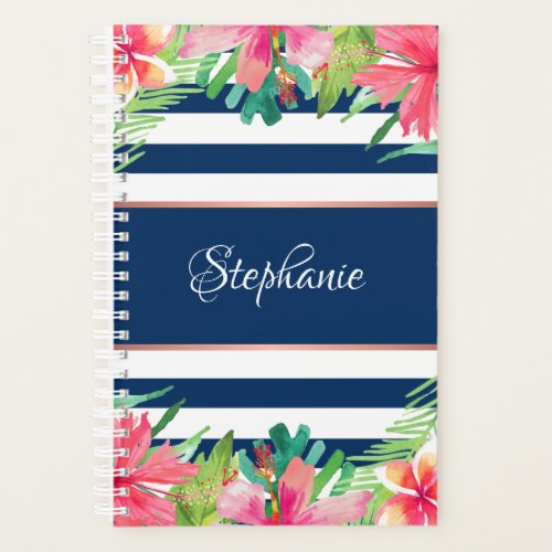 Navy Burgundy Stripes Tropical Floral Personalized Planner