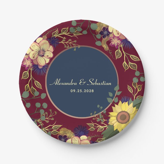 Navy Burgundy Sunflower Wedding Paper Plates (Front)