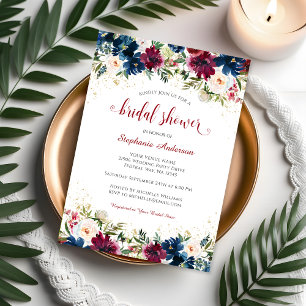 Navy Burgundy Watercolor Floral Bridal Shower Invitation