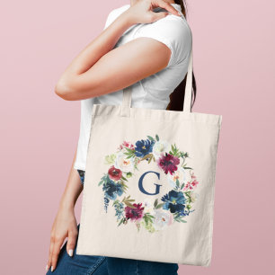 Navy Burgundy Watercolor Floral Monogram Initial Tote Bag