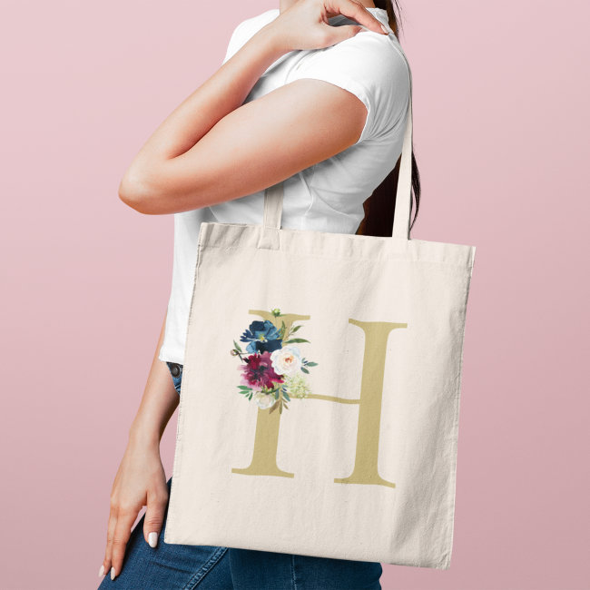 Navy Burgundy Watercolor Floral Monogram Initial Tote Bag