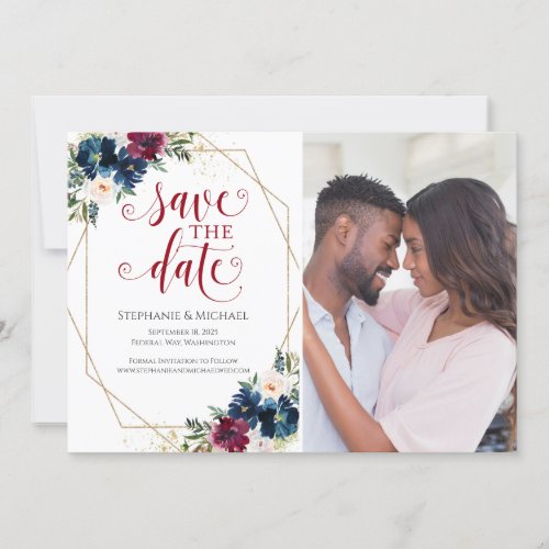 Navy Burgundy Watercolor Floral Photo Save The Date